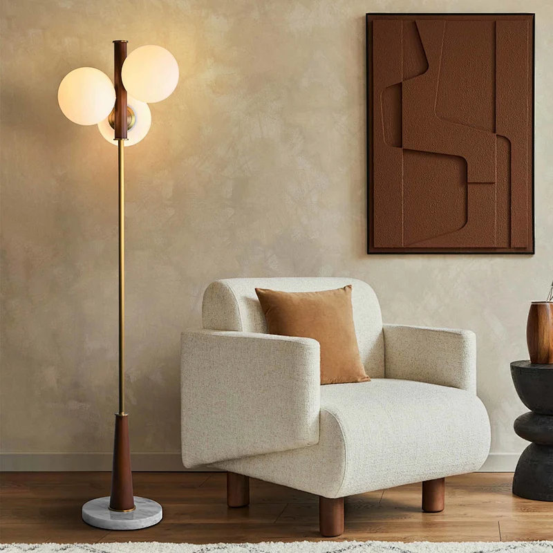 3 heads milk white glass Adair reddish brown oak floor lamp